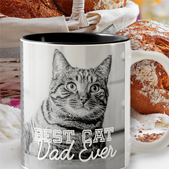 Best Cat Dad Ever Modern Custom Photo and Cat Name Two-Tone Coffee Mug (Creator Uploaded)
