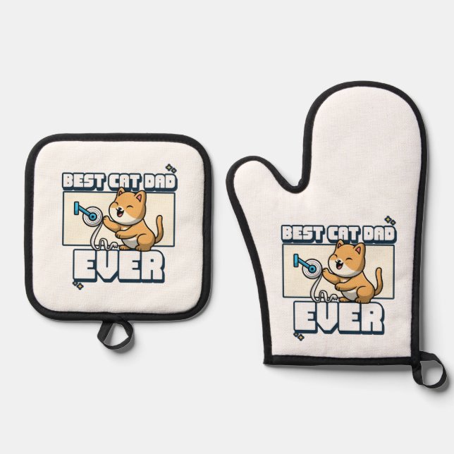 Best Cat Dad Ever Oven Mitt & Pot Holder Set (Front)