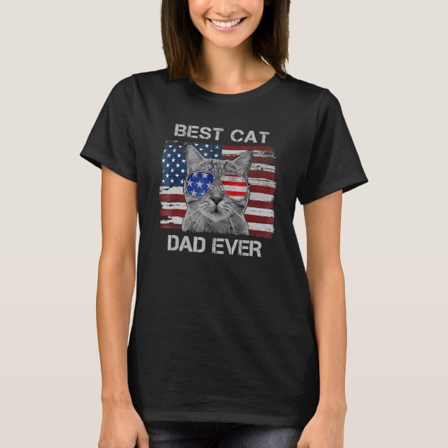 Best Cat Dad Us Flag Sunglasses Patriotic Fathers  T-Shirt (Front)