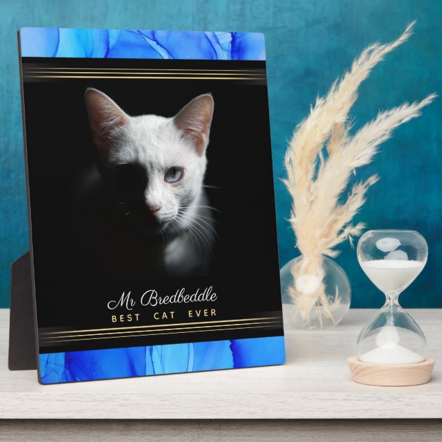 Best Cat Ever Blue Abstract Named Photo Template Plaque (Side)