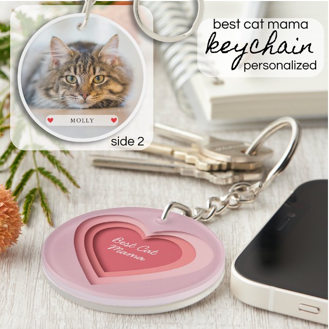 Best Cat Mama Custom Photo Heart Key Ring (Creator Uploaded)