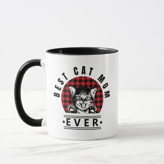 Best Cat Mom Ever Buffalo Plaid Mug (Left)