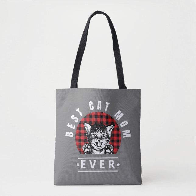 Best Cat Mom Ever Buffalo Plaid Tote Bag (Front)