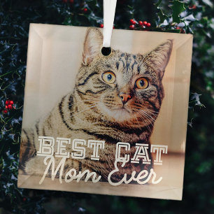 Best Cat Mom Ever Modern Custom Pet Photo Glass Tree Decoration