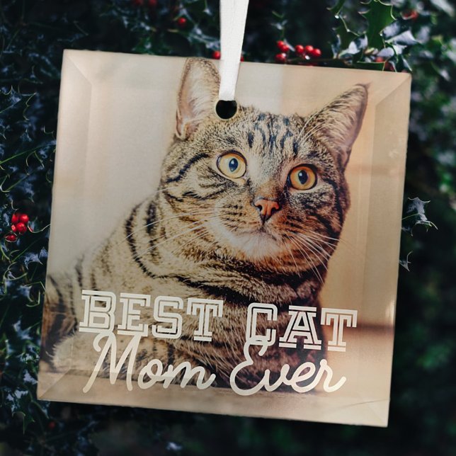 Best Cat Mom Ever Modern Custom Pet Photo Glass Tree Decoration (Creator Uploaded)