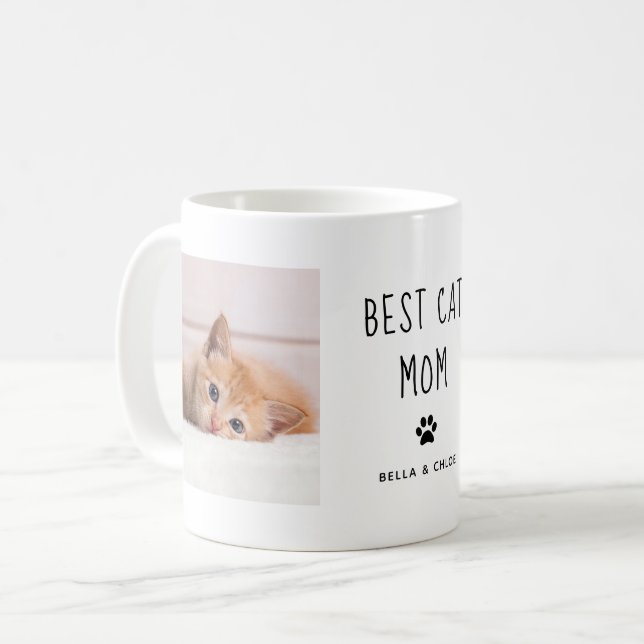 Best Cat Mom | Two Photo Handwritten Text Coffee Mug (Front Left)