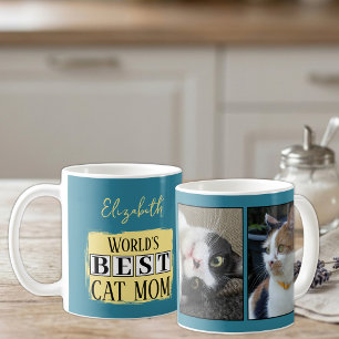 Best cat mum 2 photo name blue yellow coffee mug