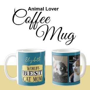Best cat mum 2 photo name blue yellow coffee mug