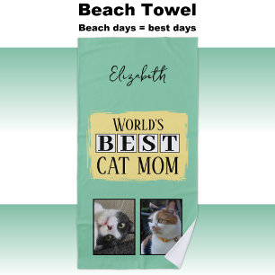 Best cat mum 2 photo name green yellow beach towel