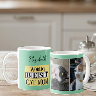 Best cat mum 2 photo name green yellow coffee mug