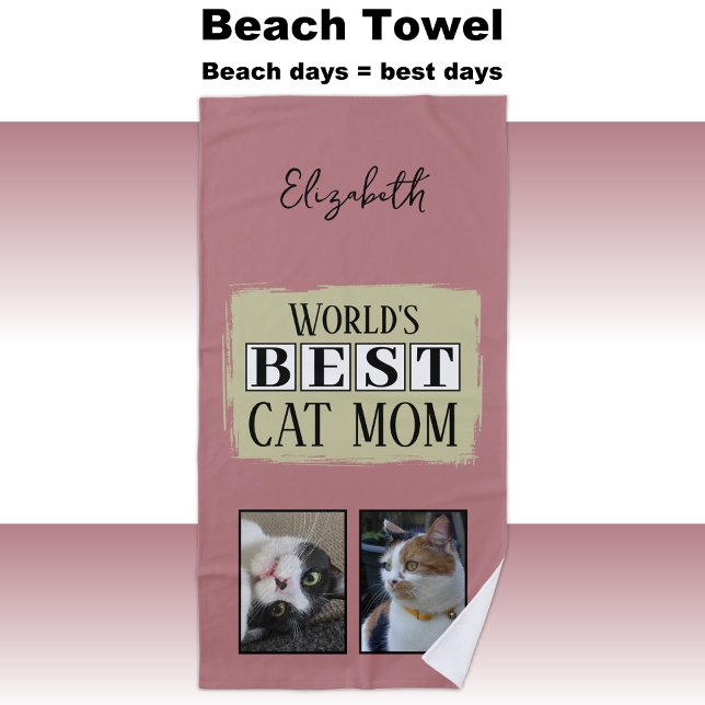 Best cat mum 2 photo name pink green beach towel (Creator Uploaded)