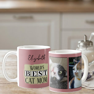Best cat mum 2 photo name pink green coffee mug