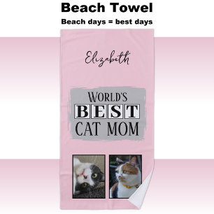 Best cat mum 2 photo name pink grey beach towel