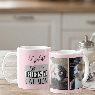 Best cat mum 2 photo name pink grey coffee mug