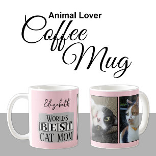 Best cat mum 2 photo name pink grey coffee mug