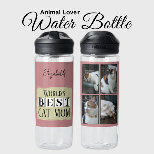 Best cat mum 4 photo name pink green water bottle