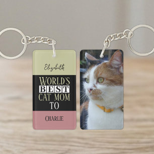 Best cat mum add name photo pink green key ring