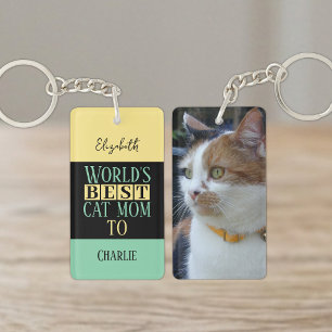 Best cat mum add name photo yellow green key ring