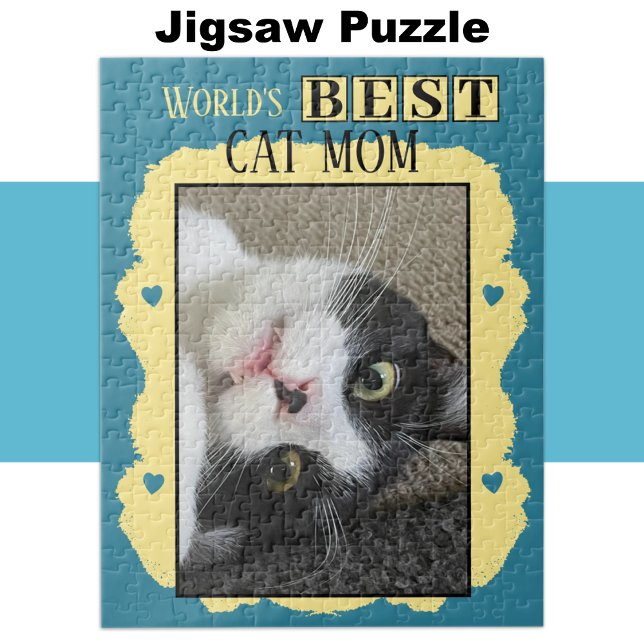 Best cat mum add photo blue yellow jigsaw puzzle (Creator Uploaded)