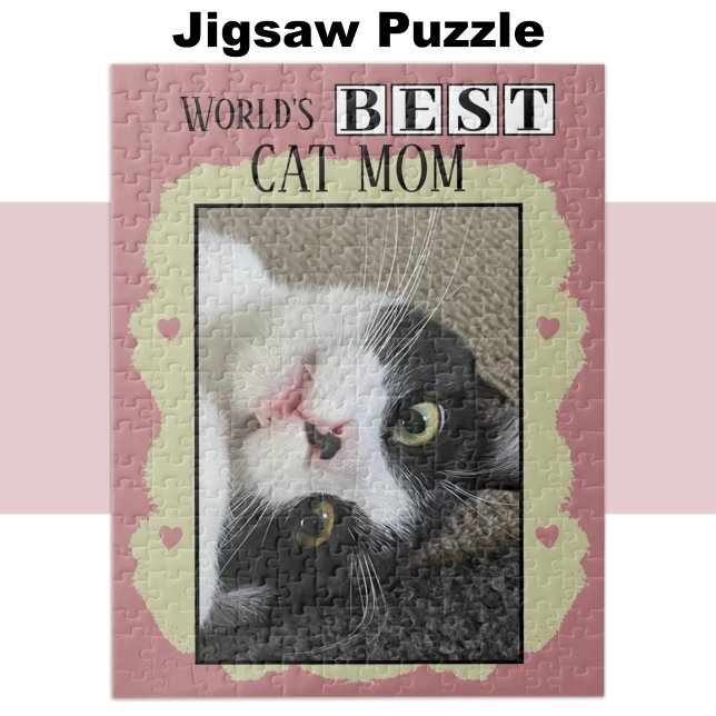 Best cat mum add photo pink green jigsaw puzzle (Creator Uploaded)