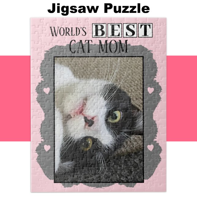 Best cat mum add photo pink grey jigsaw puzzle (Creator Uploaded)