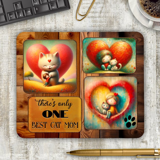 Best Cat Mum Art or Photo Mouse Mat (Cat mom mouse pad featuring 3 colorful cat art works or your photos on an elegant wood design)