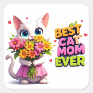 Best Cat Mum Cute Kitty With Flowers 🐾 Square Sticker