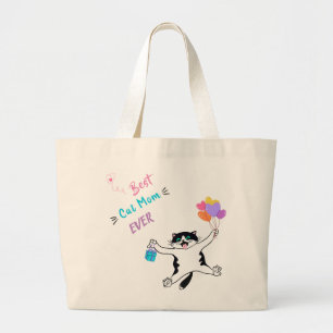 Best Cat Mum Cute Tuxedo Kitty Colourful Balloons Large Tote Bag