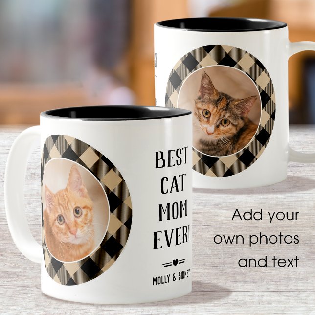 Best Cat Mum Ever Buffalo Plaid Beige Photo Name  Two-Tone Coffee Mug (Creator Uploaded)