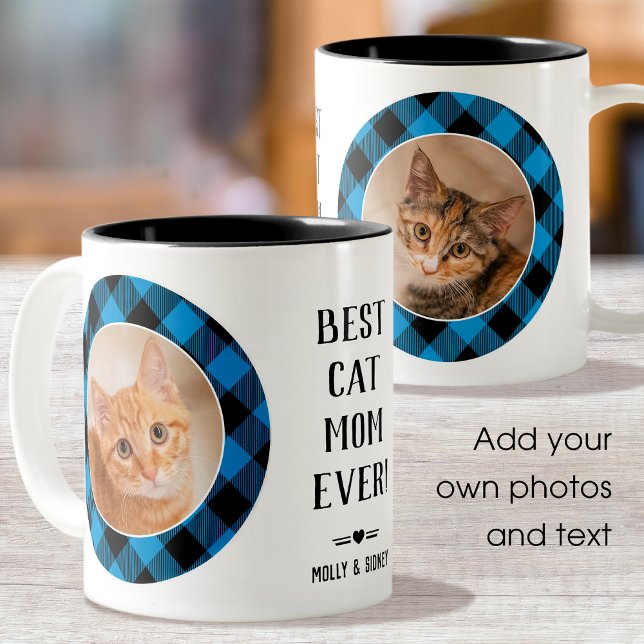 Best Cat Mum Ever Buffalo Plaid Blue Photo Name  Two-Tone Coffee Mug (Creator Uploaded)