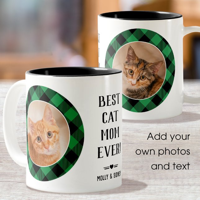 Best Cat Mum Ever Buffalo Plaid Photo Name Green Two-Tone Coffee Mug (Creator Uploaded)