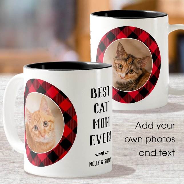 Best Cat Mum Ever Buffalo Plaid Red Photo Name Two-Tone Coffee Mug (Creator Uploaded)