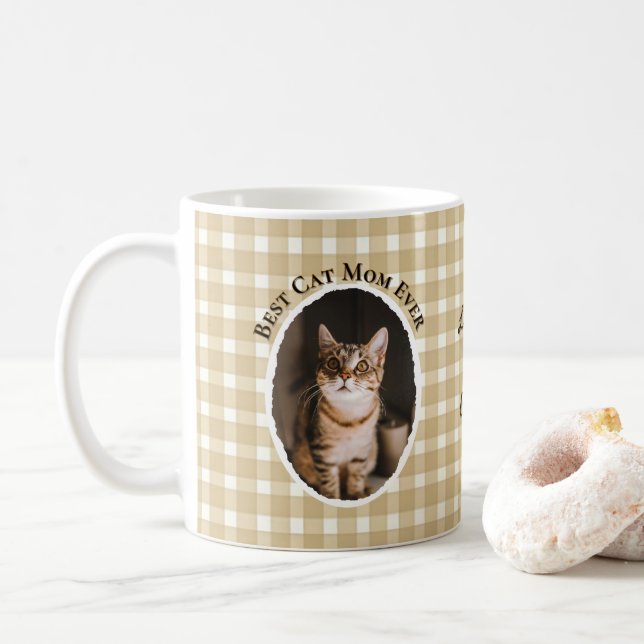 Best Cat Mum Ever Custom Funny Cute 2 Pet Photos  Coffee Mug (With Donut)