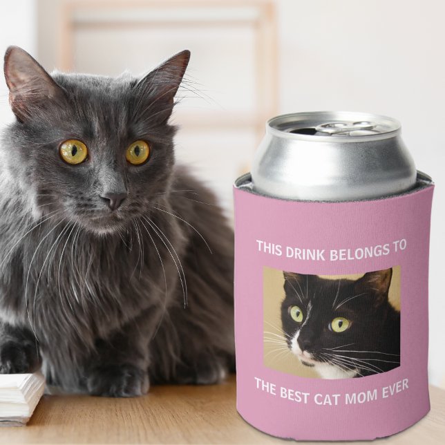 Best Cat Mum Ever Custom Photo Pink Can Cooler (Celebrate the best cat mom ever with a custom photo can cooler!)