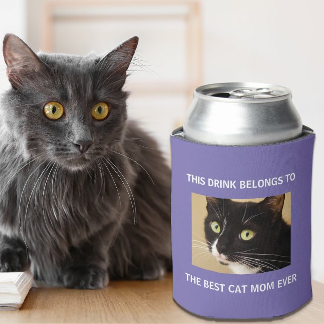 Best Cat Mum Ever Custom Photo Purple Can Cooler (Celebrate the best cat mom ever with a custom photo can cooler!)
