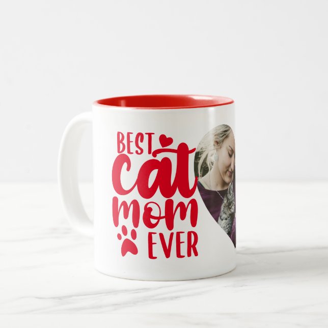Best Cat Mum Ever Cute Photo Name Red Two-Tone Coffee Mug (Front Left)