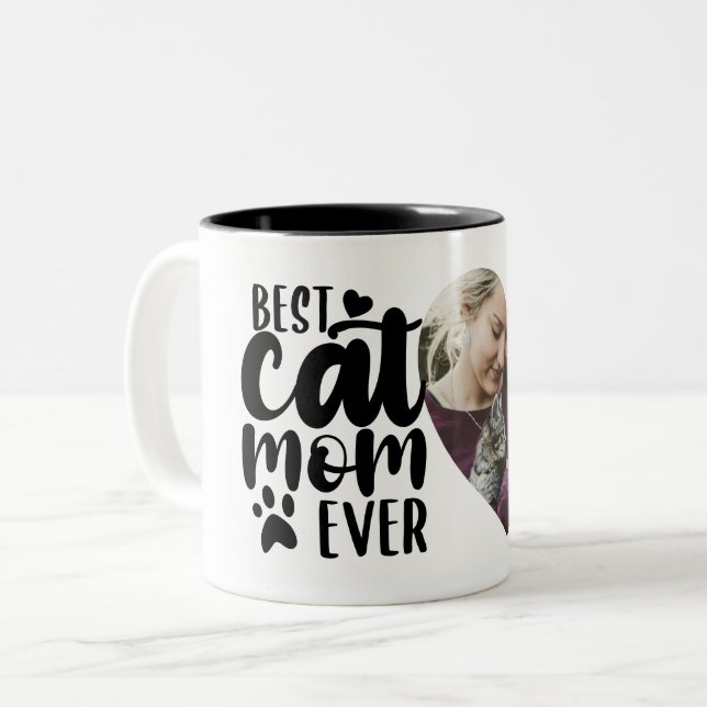 Best Cat Mum Ever Cute Photo Name Two-Tone Coffee Mug (Front Left)