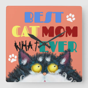 Best Cat Mum Ever grumpy cat funny text cartoon  Square Wall Clock