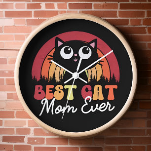 Best Cat Mum Ever Retro Vintage Rainbow Forest Clock