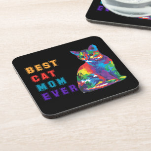 Best cat mum ever text multicolor cute cat lover coaster