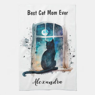 Best Cat Mum Ever Window Silhouette Custom Text Tea Towel