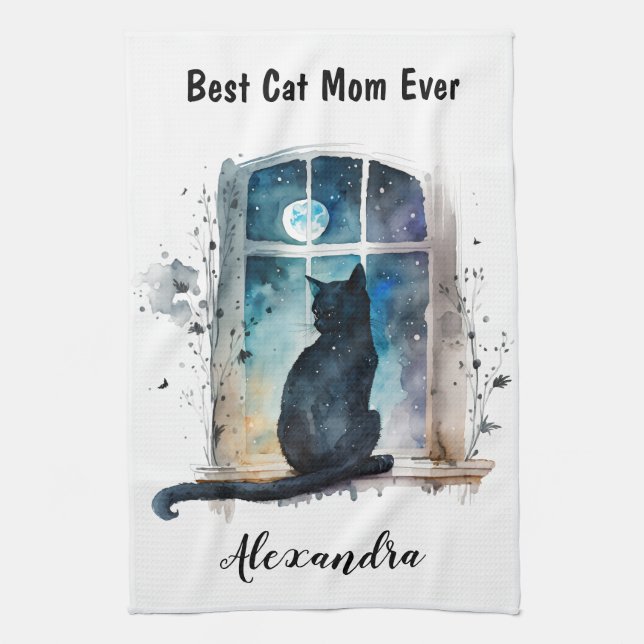 Best Cat Mum Ever Window Silhouette Custom Text Tea Towel (Vertical)