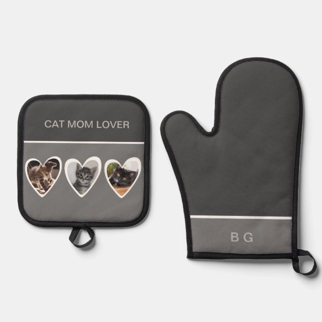 Best cat mum lover & 3 cat photo  oven mitt & pot holder set (Front)