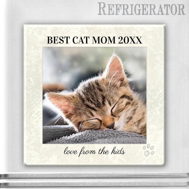 Best Cat Mum Mother's Day Photo Magnet (A pretty off-white stylized design magnet featuring your own cat photo with a paw signature)