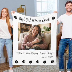 Best Cat Mum Paws Pet White Photo Fleece Blanket