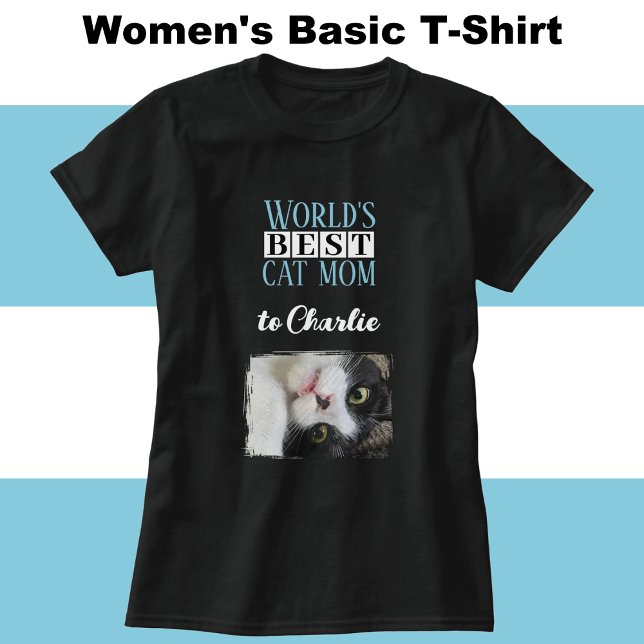 Best cat mum photo add name blue white T-Shirt (Creator Uploaded)