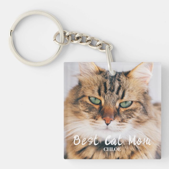 Best Cat Mum Photo Name Keychain (Front)