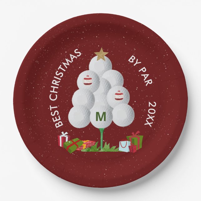 Best Christmas by Par Golf Ball Tree Initial Year Paper Plate (Front)
