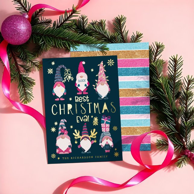 Best Christmas Eva! Funny & Bright Gnomes Foil Holiday Card (Best Christmas Eva! Funny & Bright Gnomes Foil Holiday Card)