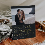 Best Christmas Ever Engagement Photo Foil Holiday Card<br><div class="desc">Share the news of your holiday season engagement with these elegant and festive engagement announcement cards featuring a single horizontal or landscape orientated photo with "best Christmas ever" beneath in gold foil lettering on a rich off-black background. Personalise with your announcement (shown with "we're engaged") and names beneath, and add...</div>